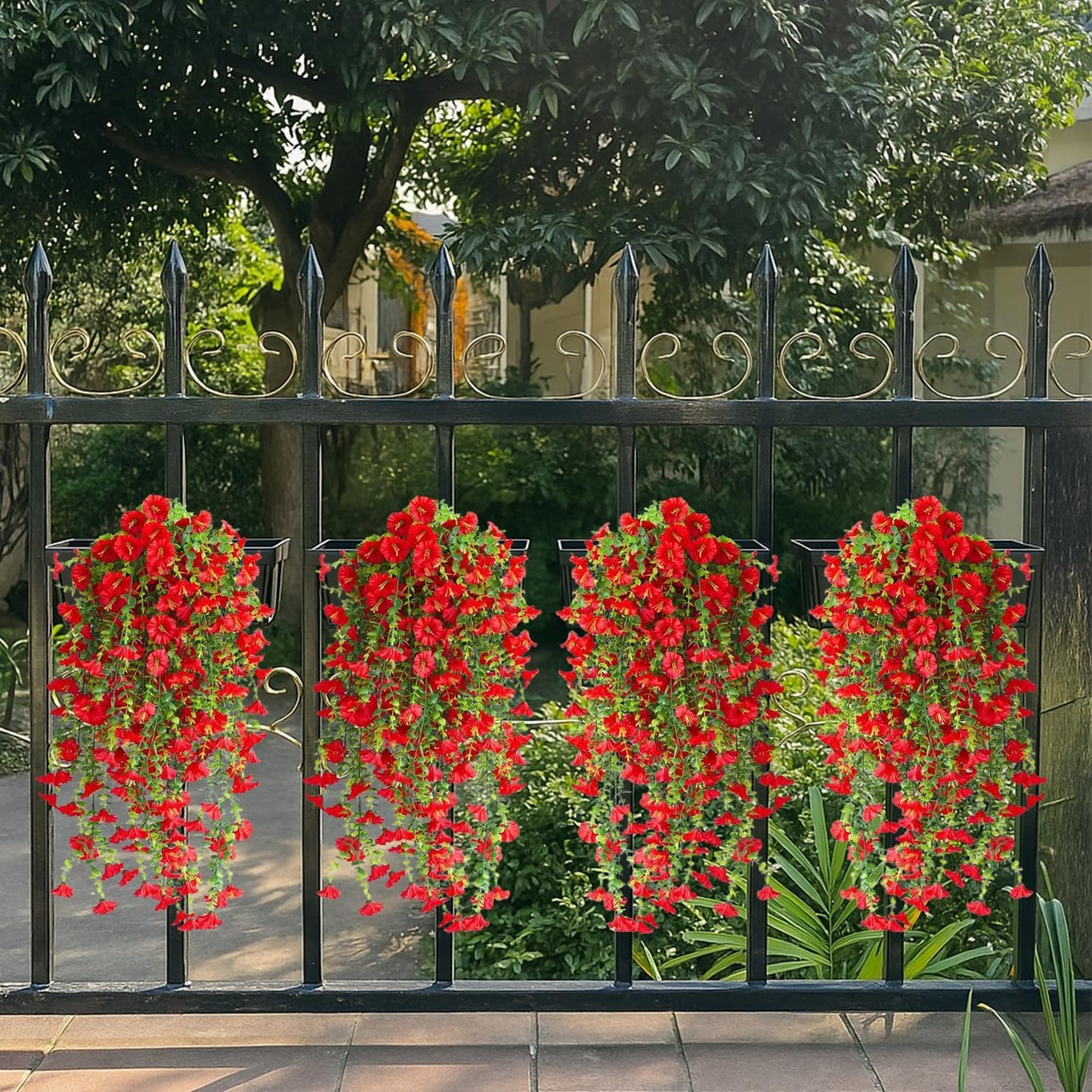 Artificial Hanging Flowers – 4 Pack UV Resistant Fake Morning Glory Vine Faux Plants for Porch, Patio, Balcony, Garden, Indoor & Outdoor Decor (Red)