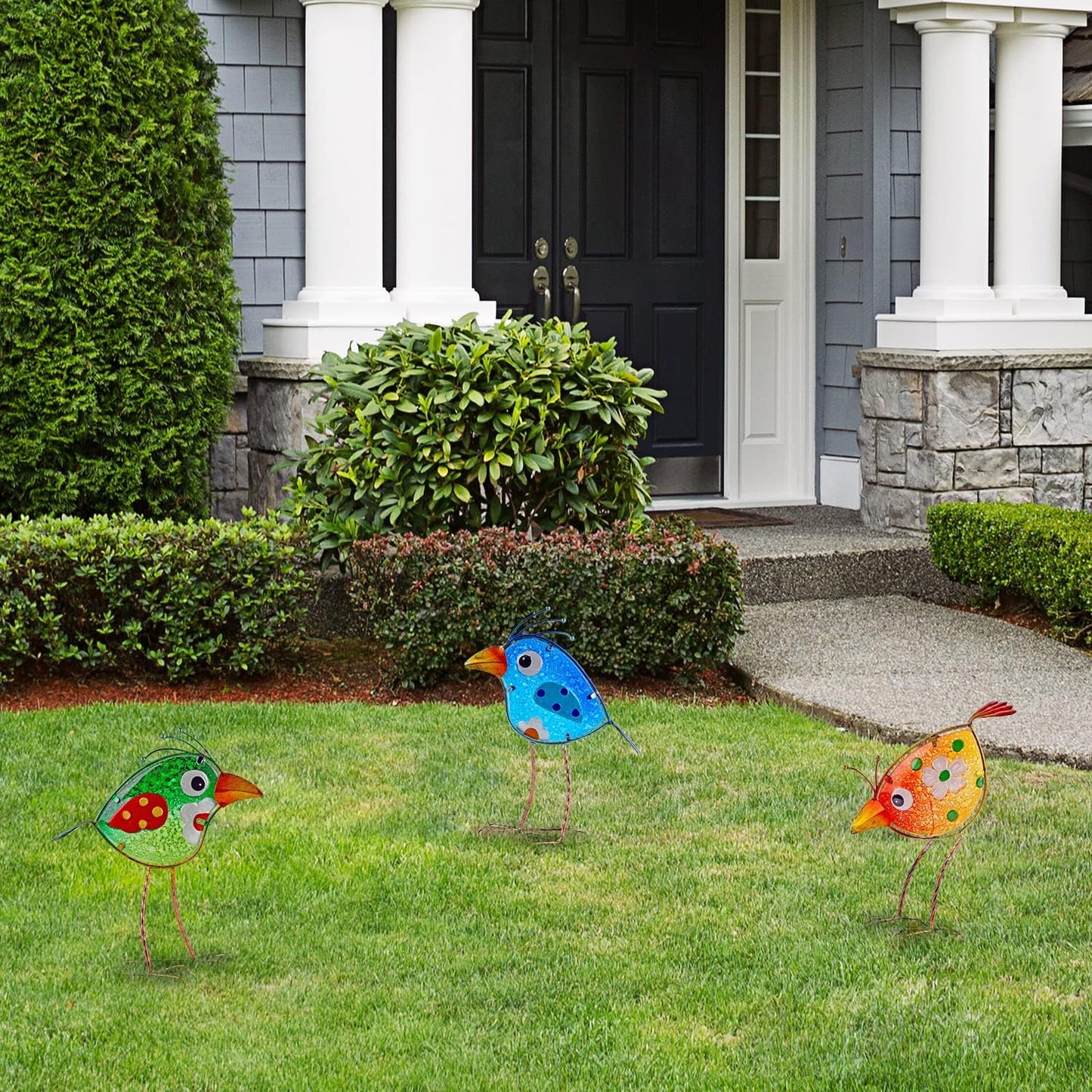 John's Studio Garden Decor for Outside - Outdoor Statue Decorations Metal Bird Glass Yard Art Décor, Lawn Ornaments for Patio Yard Porch, Housewarming Gift - 3 PCS