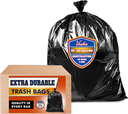 Veska Contractor Garbage Bags 55 Gallon Heavy Duty (MegaValue 50 Bags w/Ties) Contractor Trash Bags 50-60 Gallon 3 Mil Contractor Bag Heavy Duty 55 Gallon, Extra Large Industrial Contractor Trash Bags