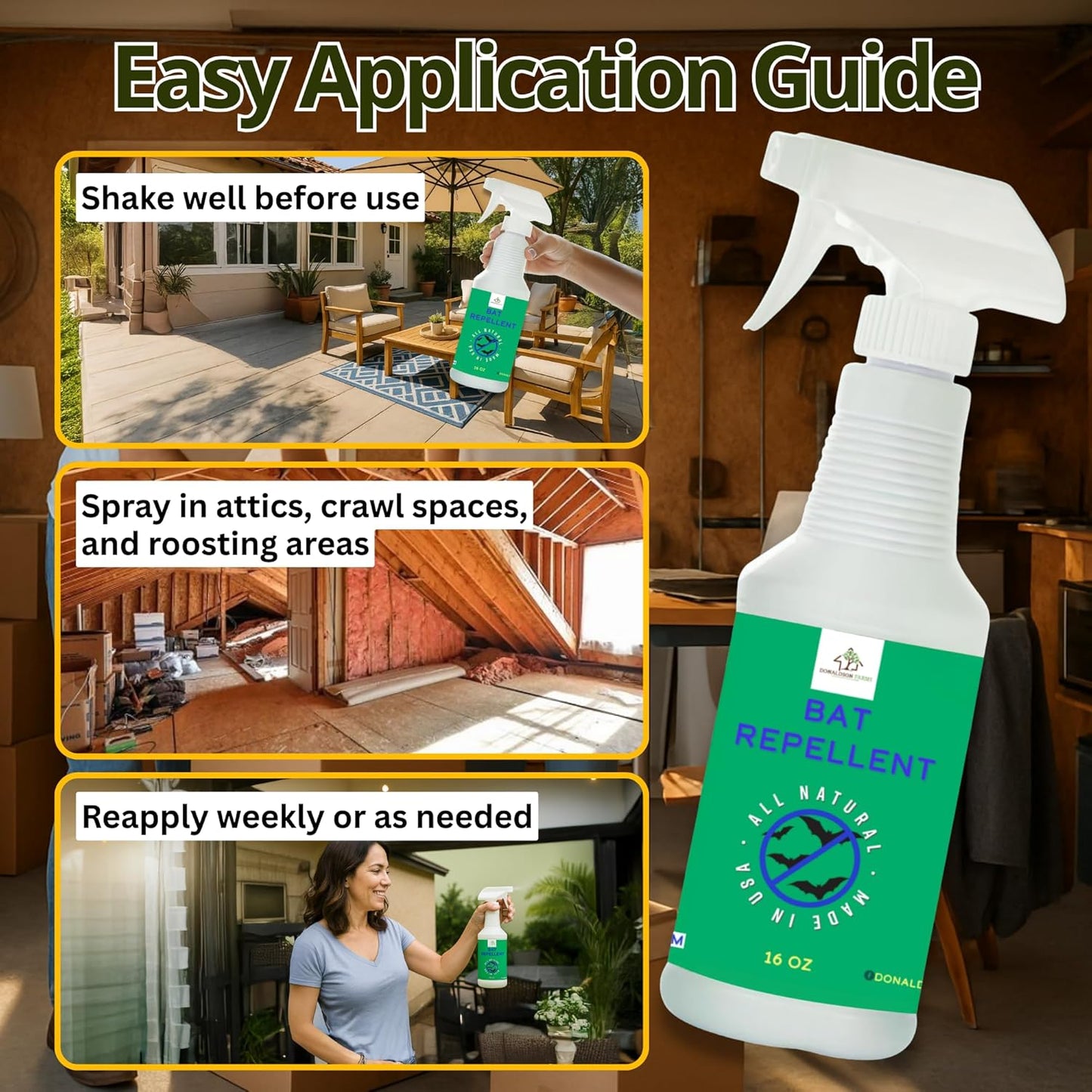 Bat Repellent Spray – Indoor and Outdoor Deterrent to Drive Bats Away from Nesting – Easy Application, Compatible with Any Outdoor Area – Suitable for Attic, Homes, and Barns – 16oz