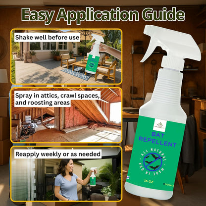 Bat Repellent Spray – Indoor and Outdoor Deterrent to Drive Bats Away from Nesting – Easy Application, Compatible with Any Outdoor Area – Suitable for Attic, Homes, and Barns – 16oz