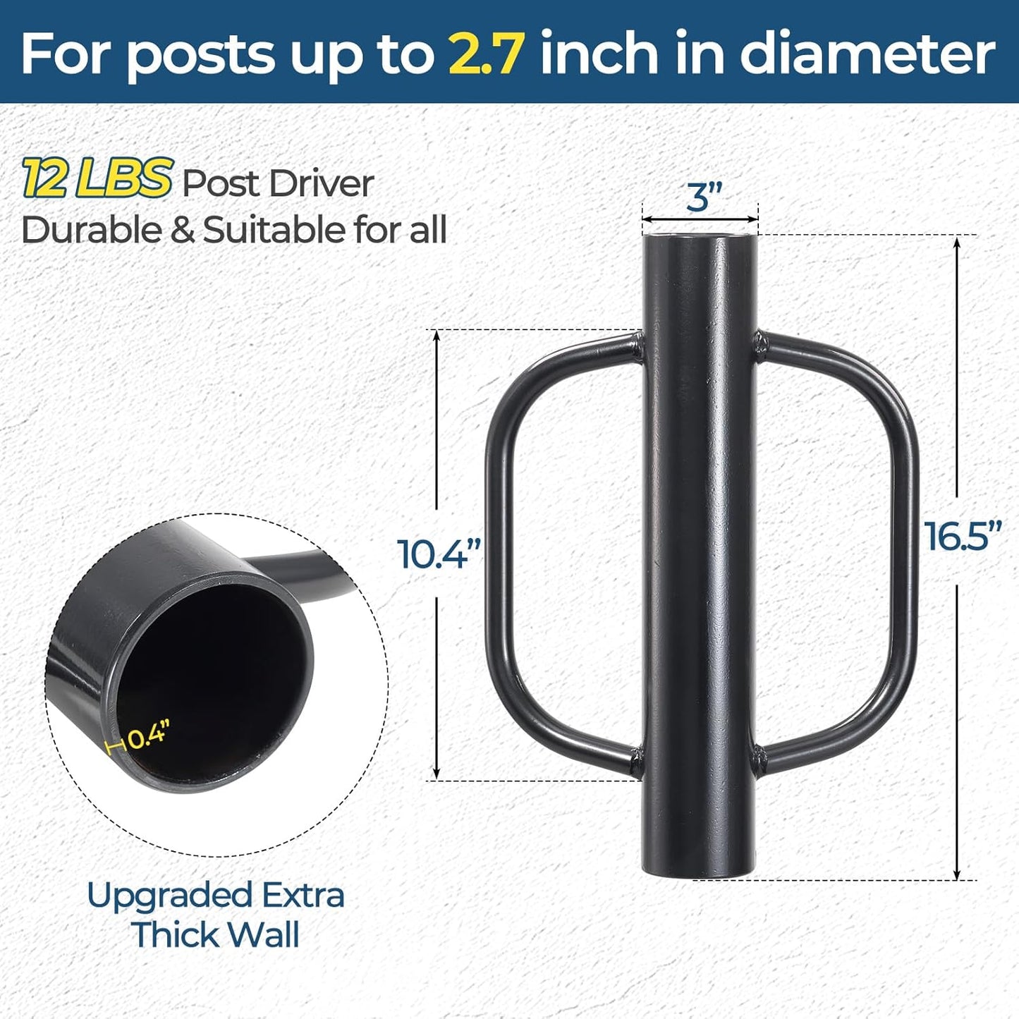 Fence Post Driver, 12LBS Fence Post Driver with Handle, 2.7 inch Inner Diameter Hand Post Pounder, Heavy Duty T Post Rammer Driver Tool for Wooden Post U Channel Fence Post Metal Post, Black 17 Inch