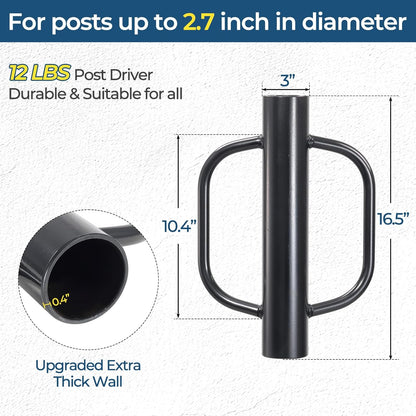 Fence Post Driver, 12LBS Fence Post Driver with Handle, 2.7 inch Inner Diameter Hand Post Pounder, Heavy Duty T Post Rammer Driver Tool for Wooden Post U Channel Fence Post Metal Post, Black 17 Inch