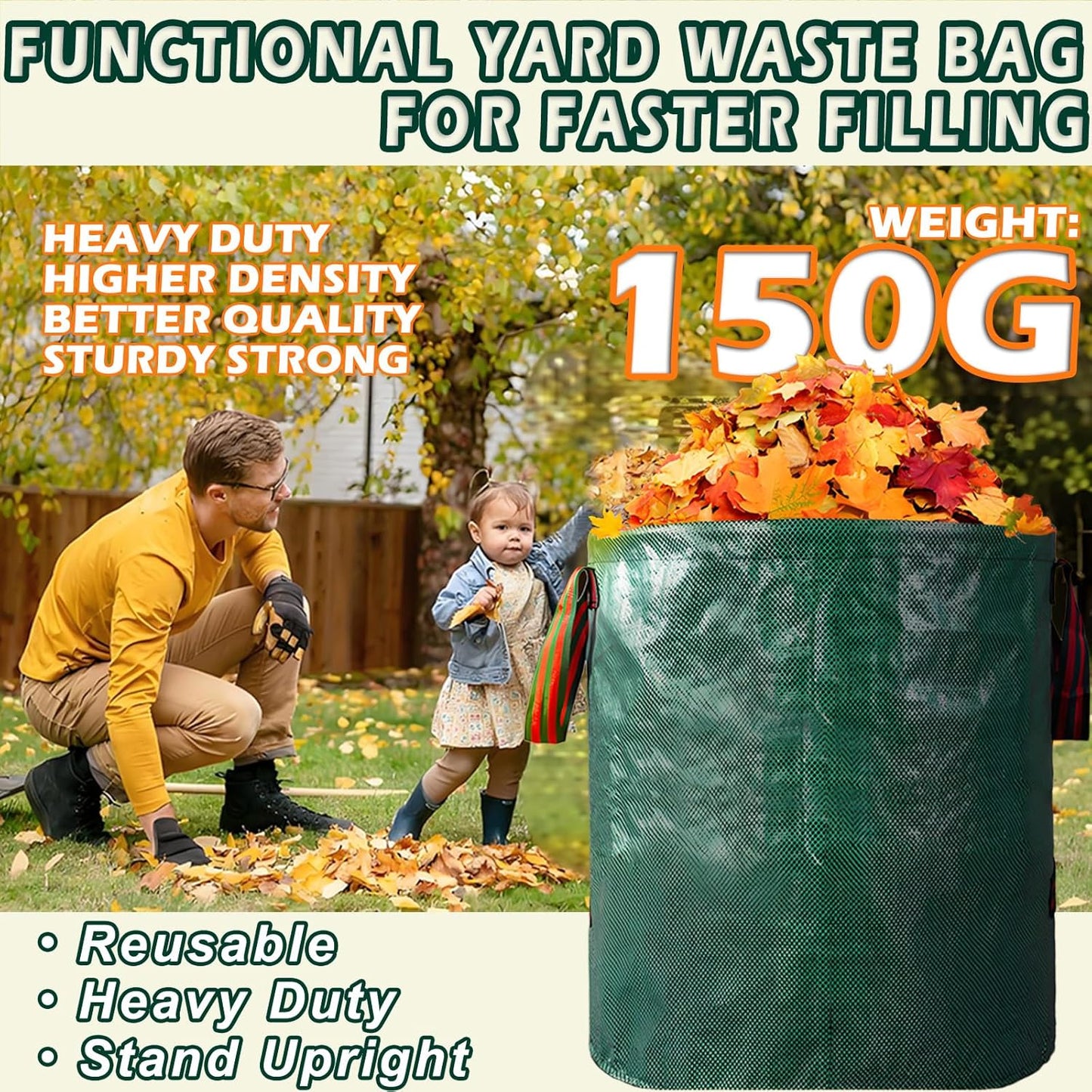 Reusable Yard Waste Bags, 72 Gallon Lawn and Leaf Bags, 6 Pack Garden Weed Heavy Duty with 4 Handles Standable&Collapsible Outdoor Trash Bags, Camping Yard Recycling Bags with 2 Pair of Gloves