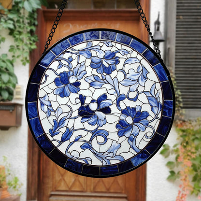 Stained Glass Window Hanging, Blue and White Abstract Flowers Sun Catcher for Door Home Decor Suncatcher Christmas Mother's Day Birthday Gifts for Women Men Mom and Nana 11.8 in
