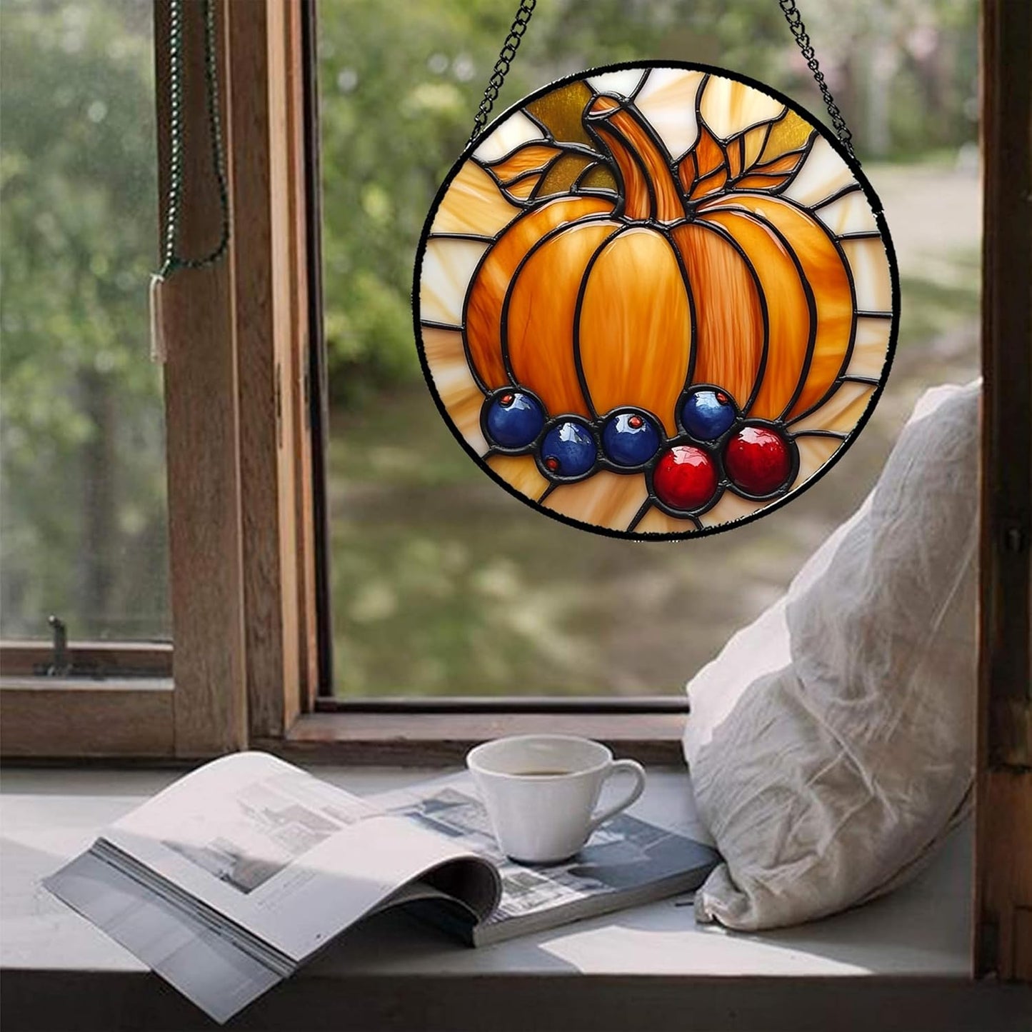Stained Glass Window Hanging Fall Pumpkin Berries 7.8" - Suncatcher Door Garden Kitchen Sunroom Sun Catcher Autumn Home Decor Birthday for Mom Grandma Men Woman