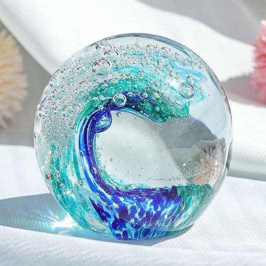 Decorative Crystal Ball Figurines Ocean Waves Paperweight Blown Glass Decor Sea Art Ocean Lovers Gift Blue Green 3.15"