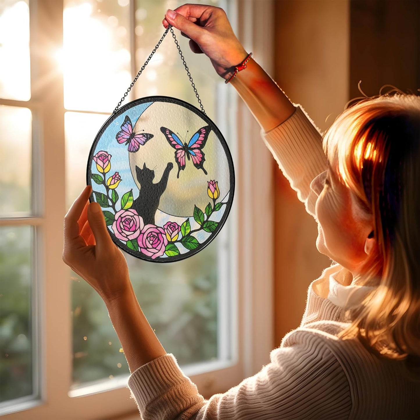Black Cat Butterfly on Moon Window Hanging, Pet Stained Glass Suncatcher, Gift Ideas for Pet Lovers, Pet Decorations for Home, Birthday Gifts for Grandma Mom Women, Memorial Gift for Cat Loss