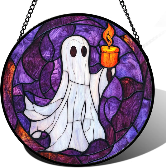 Stained Glass Window Hanging - Halloween Decorations Ghost Suncatcher for Doors Garden Indoor