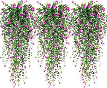 Artificial Hanging Flowers, 3 Pcs Fake Hanging Plants Artificial Vines for Outdoors, Fake Ivy Vine UV Resistant No Fade Faux Plants for Indoor Outside Garden Patio Yard Greenery Decoration (Red)