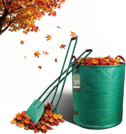 Long Handle Leaf Grabber with 32-Gallon Bag - No Bend Leaf Pickup Tool, Metal Handle with Comfort Grip, Yard Waste Bags for Lawns, Garden, Leaf Rake Set Alternative