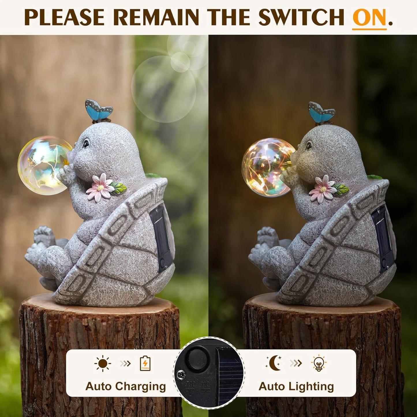 MININOVA Outdoor Garden Decorations Turtle Statues with Solar Light Resin Waterproof Figurines for Outside Yard Patio Mon Birthday Thanksgiving Day