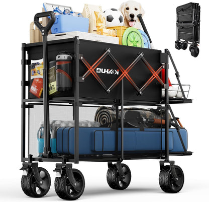 Double Decker Wagon 320L Large Capacity 400LBS Collapsible Sports Utility Cart with Big Wheels,Double Extended Tailgate Heavy Duty Folding Wagon Cart for Groceries,Camping,Outdoor