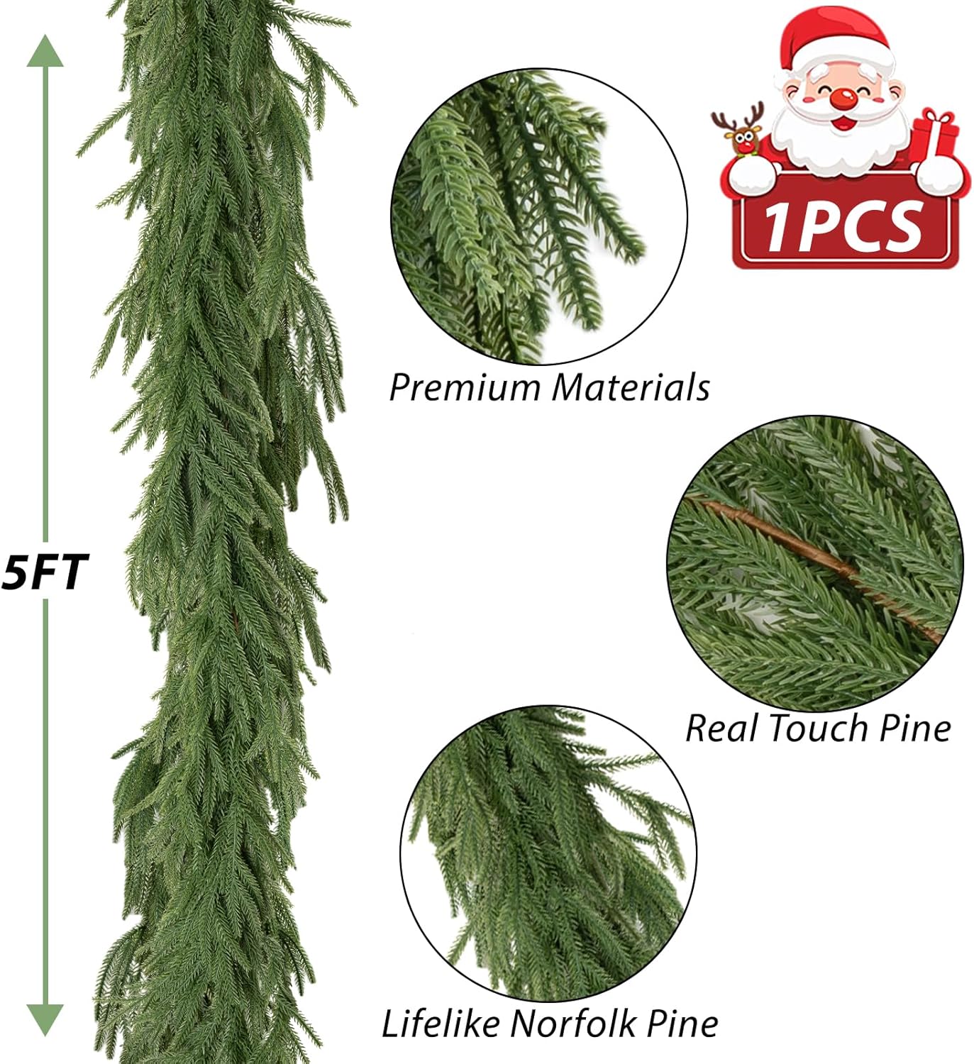 5FT Bendable Christmas Garlands Norfolk Pine Garland Real Touch, Artificial Greenery Garland for Fireplace, Mantle, Table, Stairs, Indoor Outdoor Christmas Decoration(1PCS)
