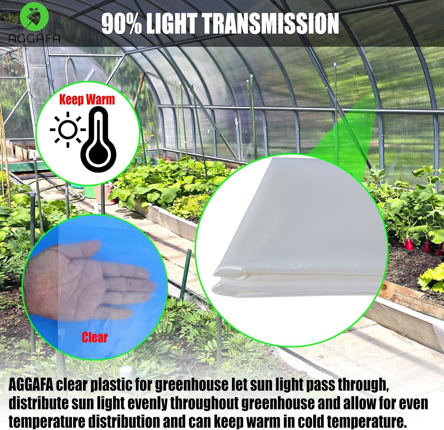 6 mil (10ft x 15ft) 100% Virgin Material. 5Layers Advanced Extrusion Technology for UV Protection, Anti-drip, Anti-Fog, Thermal and Strength. 4Years Lifetime UV Resistant Greenhouse Plastic