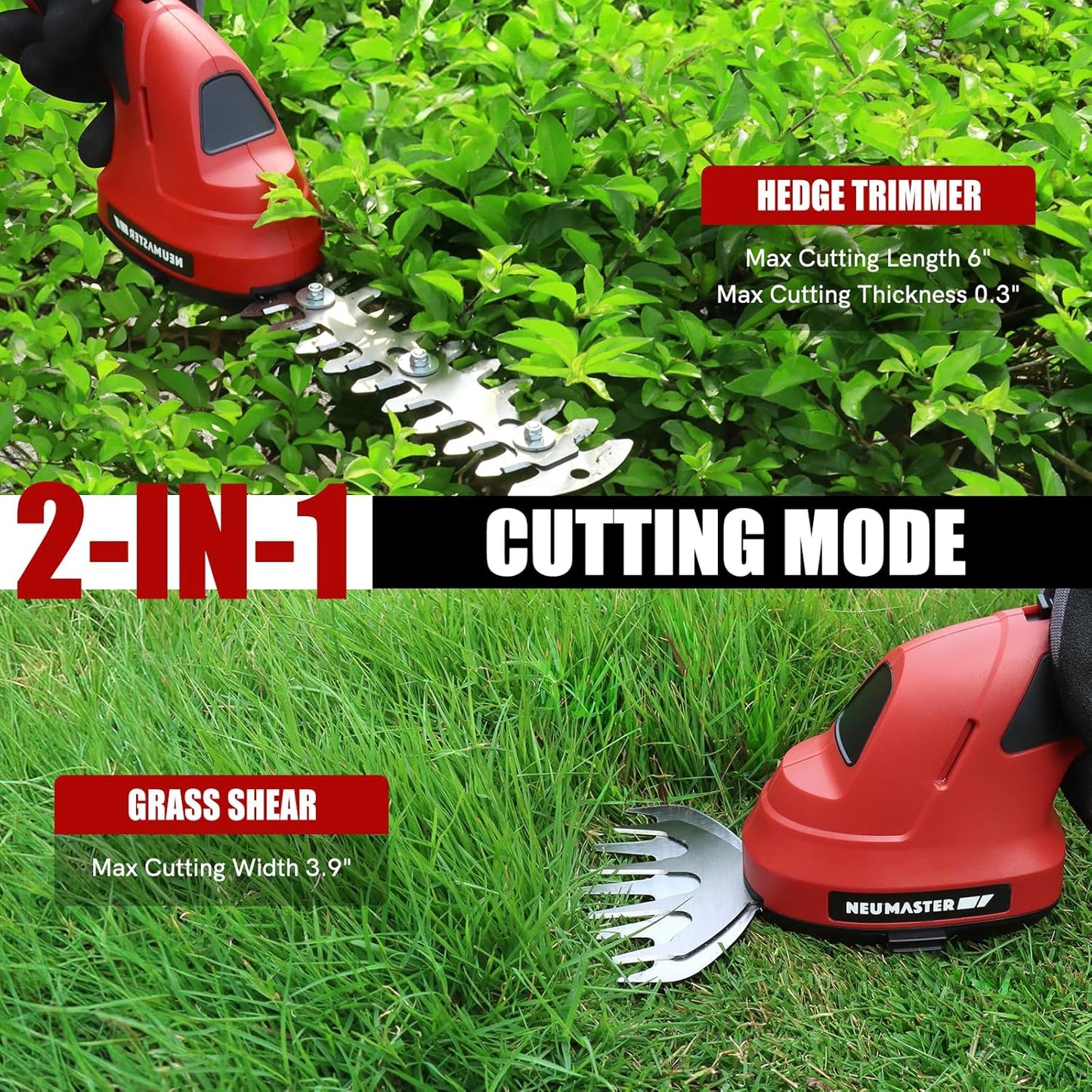 NEU MASTER Cordless Grass Shear, 2-in-1 Handheld Hedge Trimmer, 7.2V Electric Grass Trimmer with Type-C Cable and 2.0Ah Rechargeable Battery, Lightweight Shrubbery Trimmer for Garden Yard Lawn