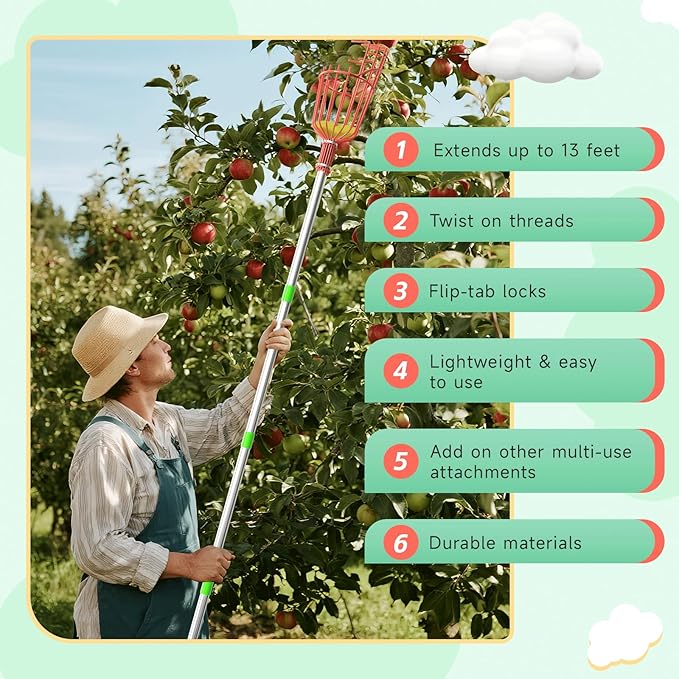 SHOUNAJIA 5-13FT Fruit Picker, Adjustable Long Handle Fruit Picker Pole with Basket, Fruit Picker Tool for Apple Lemon Orange Mango Avocado Fruit Mango Picking