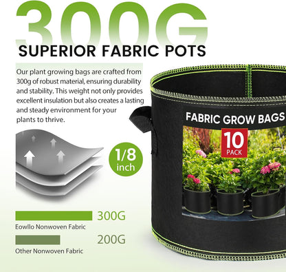 Grow Bags 10Pcs Heavy Duty 300G Fabric Pots for Plants,Thickened Nonwoven Garden Bags to Grow Vegetables,Large Nursery Pots,Tomato Grow Bags with Handles, Green Line Border (10 Gallons)