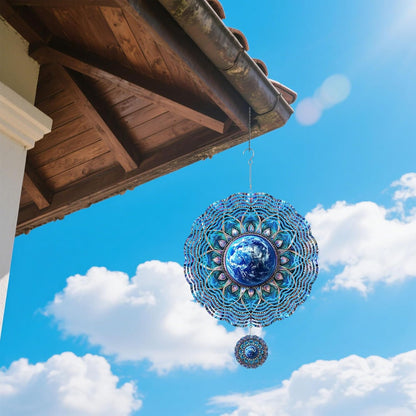 Wind Spinners Outdoor, Retro Blue Lotus Earth 3D Stainless Steel Wind Sculpture Spinner for Garden Outside Hanging Decor Mother's Day Christmas Birthday Gift for Women Men Mom Nana 13.7 in