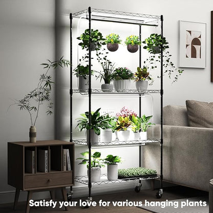 Plant Shelf with Grow Light, 4-Tier Metal Grow Light Shelf with Hanging Rod and Adjustable Rack,3-Pack 6000K T12 LED Full Spectrum Grow Lights for Seed Starting, Succulents, Built-in Timer