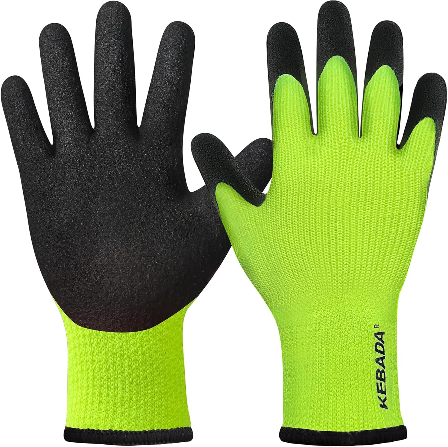 Kebada T3 Winter Work Gloves for Men and Women, Warm Knit Cold Weather Work Gloves, Thermal Insulated Freezer Gloves, 100% Latex Coating Non-slip Grip, Long Wrist Design, 1 Pair, Green, Medium