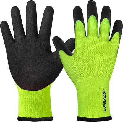 Kebada T3 Winter Work Gloves for Men and Women, Warm Knit Cold Weather Work Gloves, Thermal Insulated Freezer Gloves, 100% Latex Coating Non-slip Grip, Long Wrist Design, 1 Pair, Green, Small