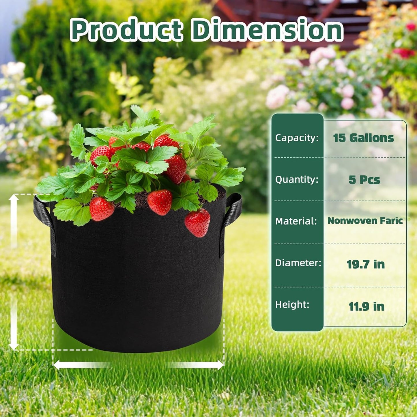 5 Pack 15 Gallon Grow Bags, Thickened Aeration Nonwoven Fabric Planting Bags with Handles, Heavy Duty 300G Garden Planter Bag for Tomato, Potato, Strawberry, Vegetable, Fruits and Flowers