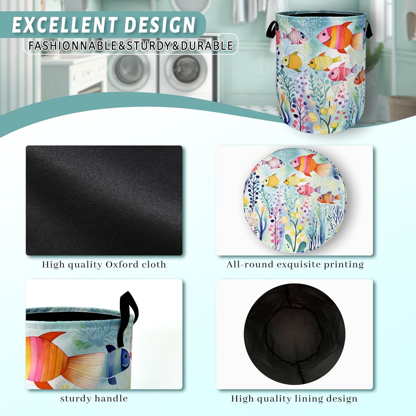 Watercolor Fish Laundry Basket Foldable With Handles Cute Fishes Tote Bag Oxford Cloth Colorful Laundry Hamper Clothes Storage Bucket Toy Organizer For Bathroom/Laundry/Bedroom 18.9"x16.5 "