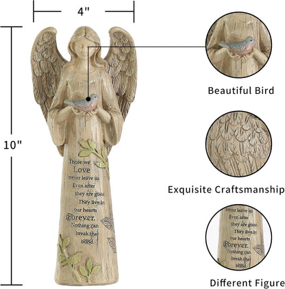 DUSVALLY Angel Statue, Memory Guardian Garden Decor, 10" H Waterproof Outdoor Angel Figurine Sculpture for Lawn & Yard (Praying, Holding The Bird)
