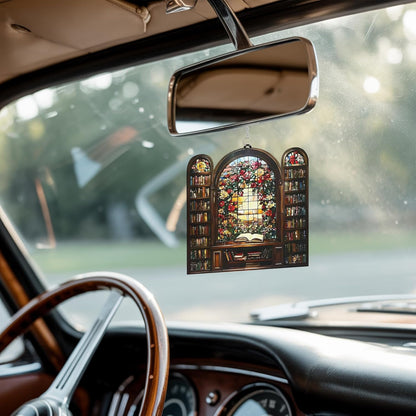 Flower Library Bookish Acrylic Suncatcher Stained Glass Effect Window Car Hanging Christmas Ornament Indoor Outdoor Decor Garden Bookworm Sun Catcher Book Lover for Women Mom Grandma