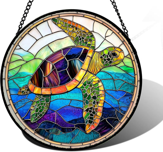 Stained Glass Window Hanging, Colored Turtle Ocean Suncatcher Diamond Glass Panel Hangings Marine