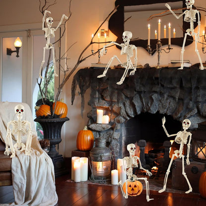 Remiawy Skeleton Halloween Decorations, 16” Full Body Posable Skeletons with Movable Joints, Small Plastic Hanging Props for Haunted House, Yard, Graveyard, Spooky Party Indoor Outdoor Decor, 2 Packs