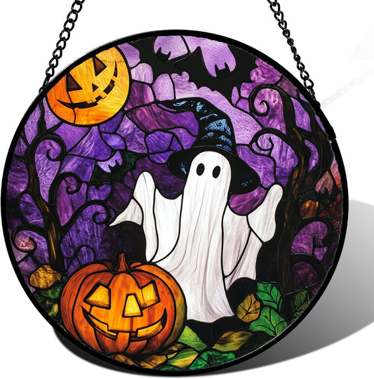Stained Glass Window Hanging Halloween White Ghost Black Bat 7.8" - Suncatcher Door Garden Sunroom