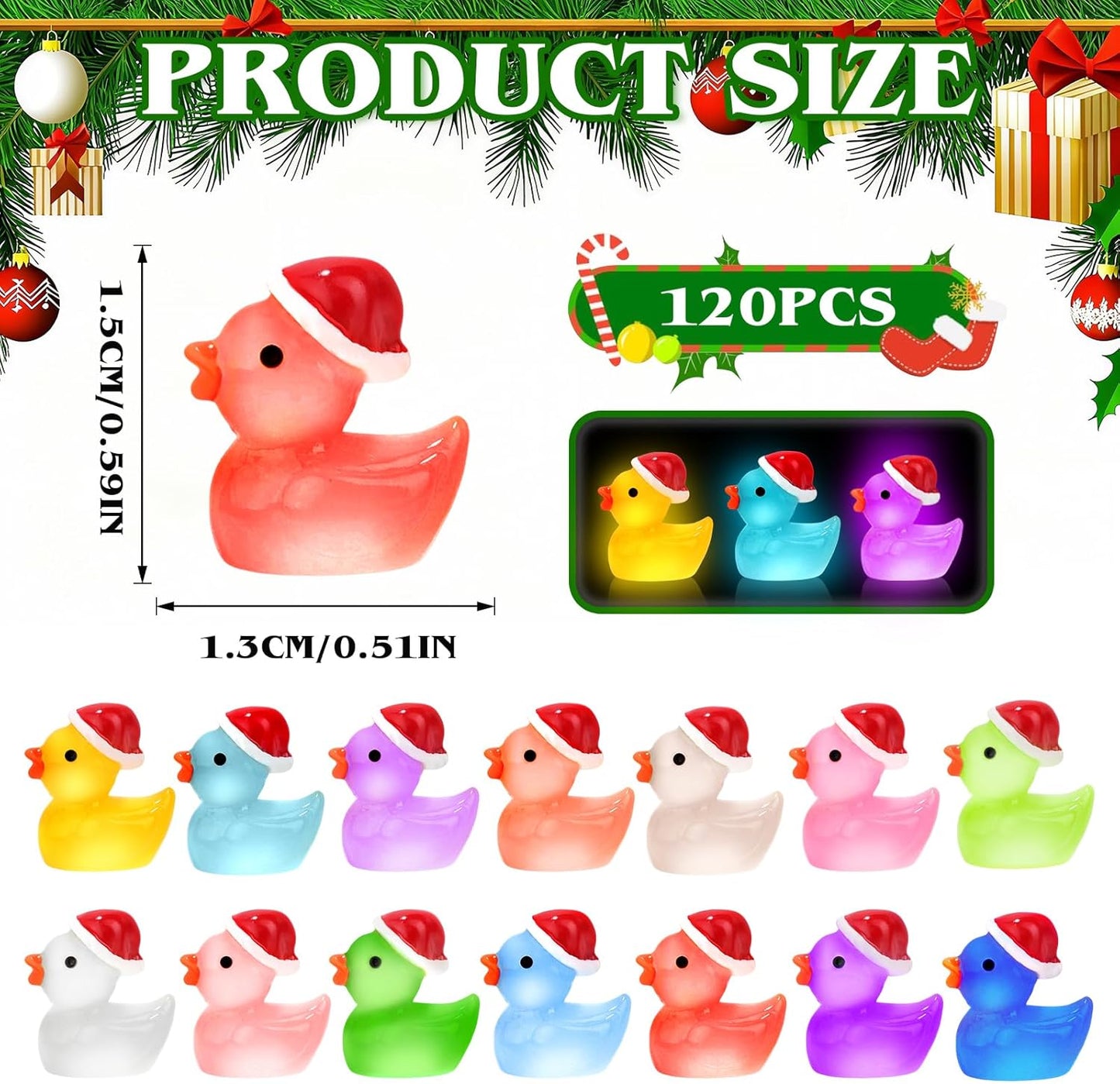 120Pcs Luminous Christmas Mini Resin Duck 14 Colors Glow in The Dark Small Duck Figurines for Miniature Christmas Decor Aquarium Ornament Dollhouse Decoration DIY Slime Craft Kit Birthday Party Favors