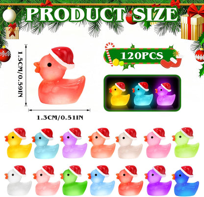 120Pcs Luminous Christmas Mini Resin Duck 14 Colors Glow in The Dark Small Duck Figurines for Miniature Christmas Decor Aquarium Ornament Dollhouse Decoration DIY Slime Craft Kit Birthday Party Favors