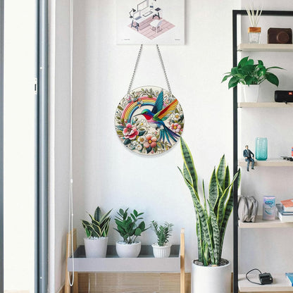 Hummingbird Suncatcher Stained Glass Window Hanging Original Design of Rainbow Hummingbirds Flowers for Sun Catchers Indoor Window Wall Art Home Decor Gift Painted Glass Panel