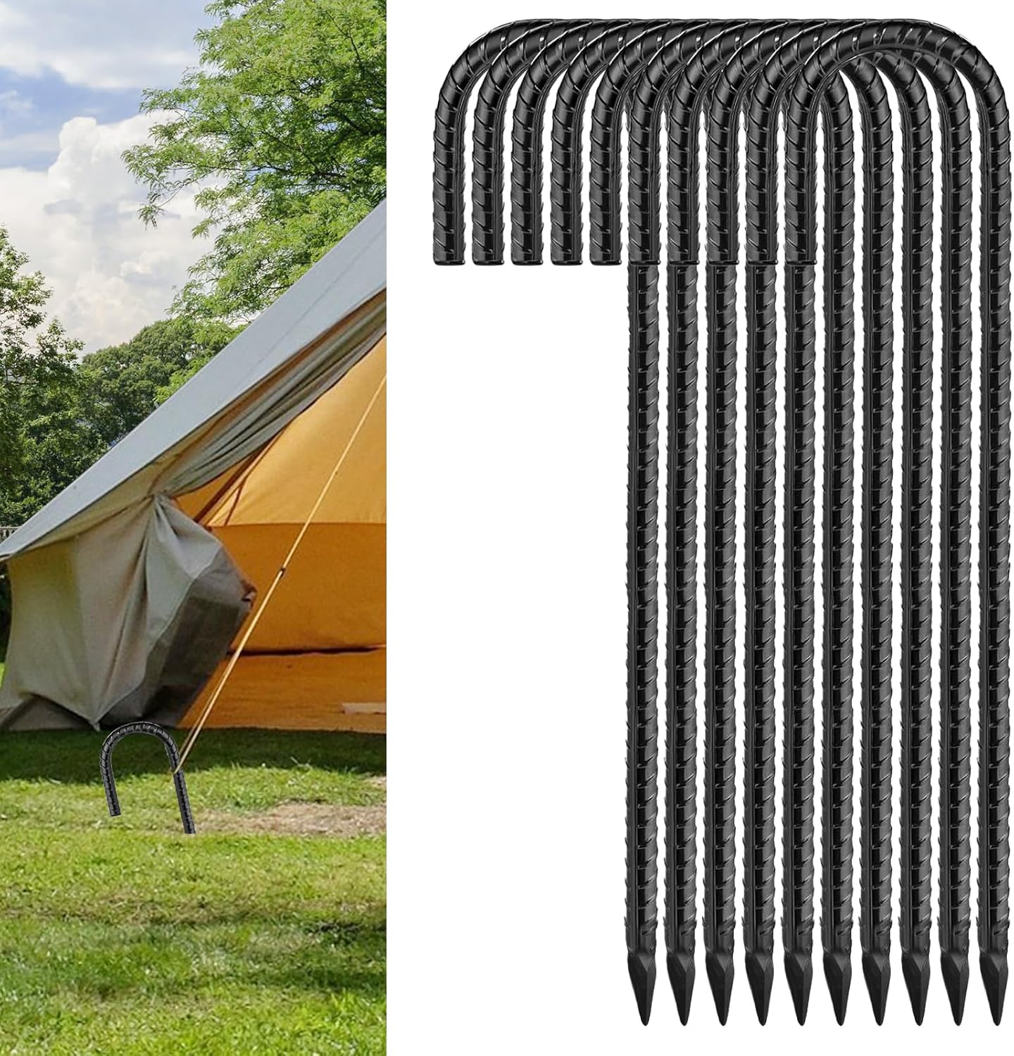 Black Rebar Stakes 12inx6mm Galvanized J Hook 10pcs – Heavy Duty Ground Tent Stakes for Fence,Bounce House,Outdoor Plants,Artificial Turf,Dog Coop,Metal Stakes for Christmas Decorations