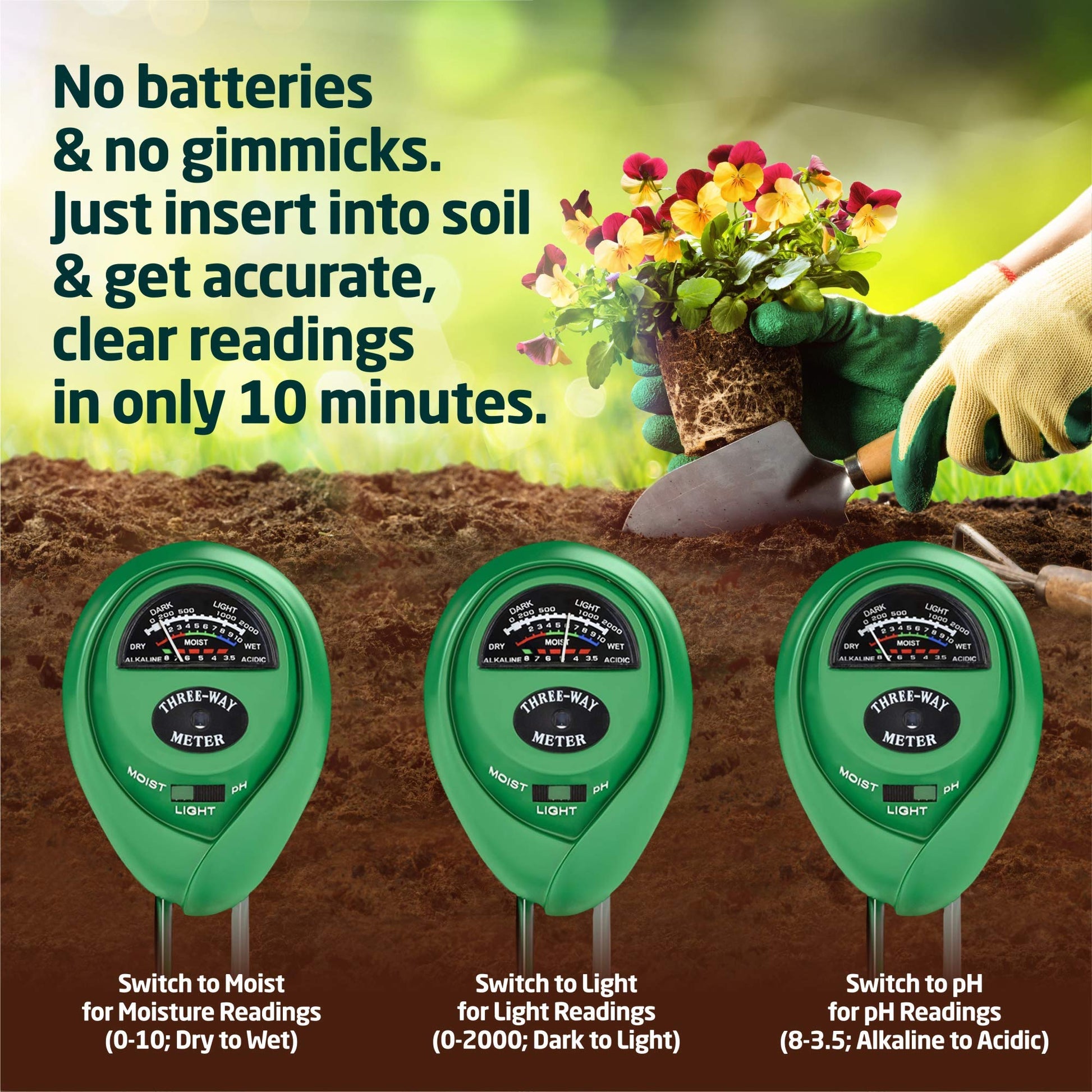 Soil Moisture Meter, Accurate No Battery Need Soil PH/Light Meter for Plant