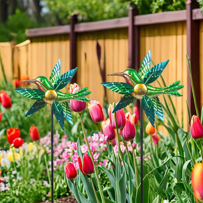 WONDER GARDEN Wind Spinners Outdoor - 2 Pack Small Metal Hummingbird Green Wind Spinner Windmill, Wind Sculpture for Yard Patio Lawn Decor