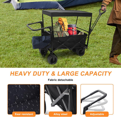 Nice C Collapsible Wagons Carts Foldable, Push Wagon, Stroller Wagons, Wagon with Canopy, Grocery Cart on Wheels, 42.5'' L Up to 440LBS, All-Terrain Wheels with Handle&Push Bar (Stroller, Black)