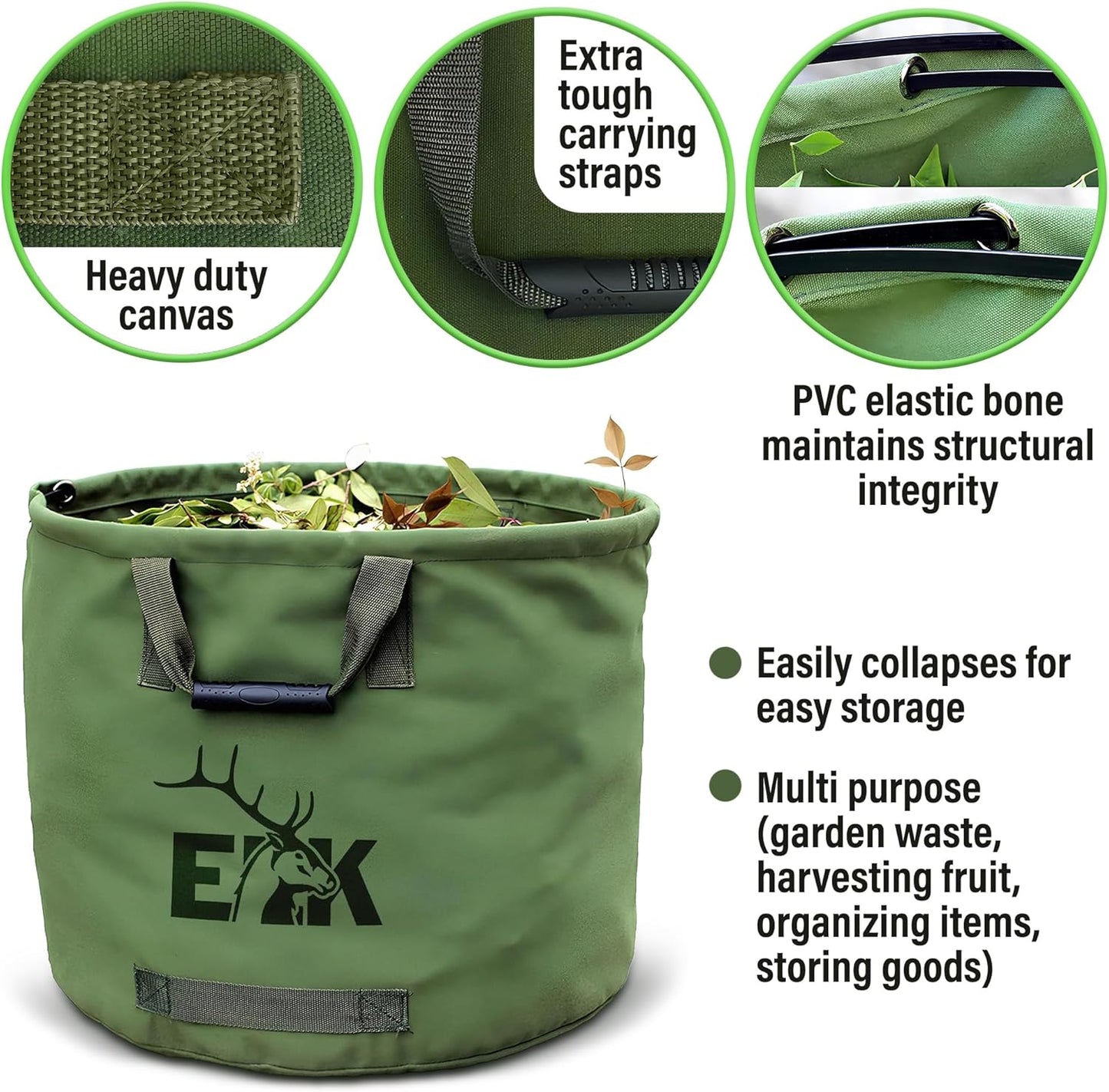 ELK 33-Gallon Non Self-Standing Multipurpose Garden Leaf Waste Bag - Durable Canvas for Yard Cleaning, Harvesting, and Storage - Heavy Duty with Rubber Handles and PVC Elastic Bone - 22" W x 18" H