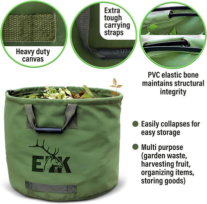ELK 33-Gallon Non Self-Standing Multipurpose Garden Leaf Waste Bag - Durable Canvas for Yard Cleaning, Harvesting, and Storage - Heavy Duty with Rubber Handles and PVC Elastic Bone - 22" W x 18" H