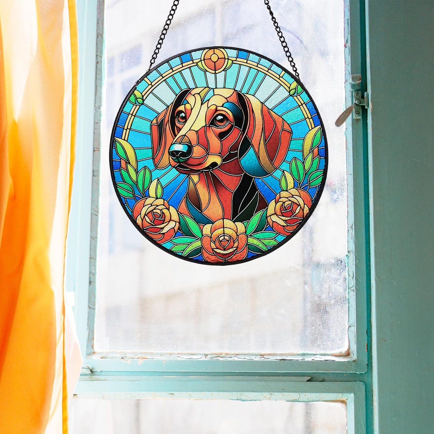 Stained Glass Dog Memorial Suncatcher,Dachshund Window Hanging,Sympathy Gifts for Pet Loss,7.9 inch/20 cm Home and Garden Decor for Dog Lovers (Dachshund)