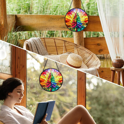 Christmas Tree Suncatcher Stained Glass Window Hanging Decor, Colorful Xmas Tree Stained Glass Wall Decor, Christmas Garden Sun Catchers Indoor Window Hanging Wall Art Lawn, 7.9x7.9 Inch
