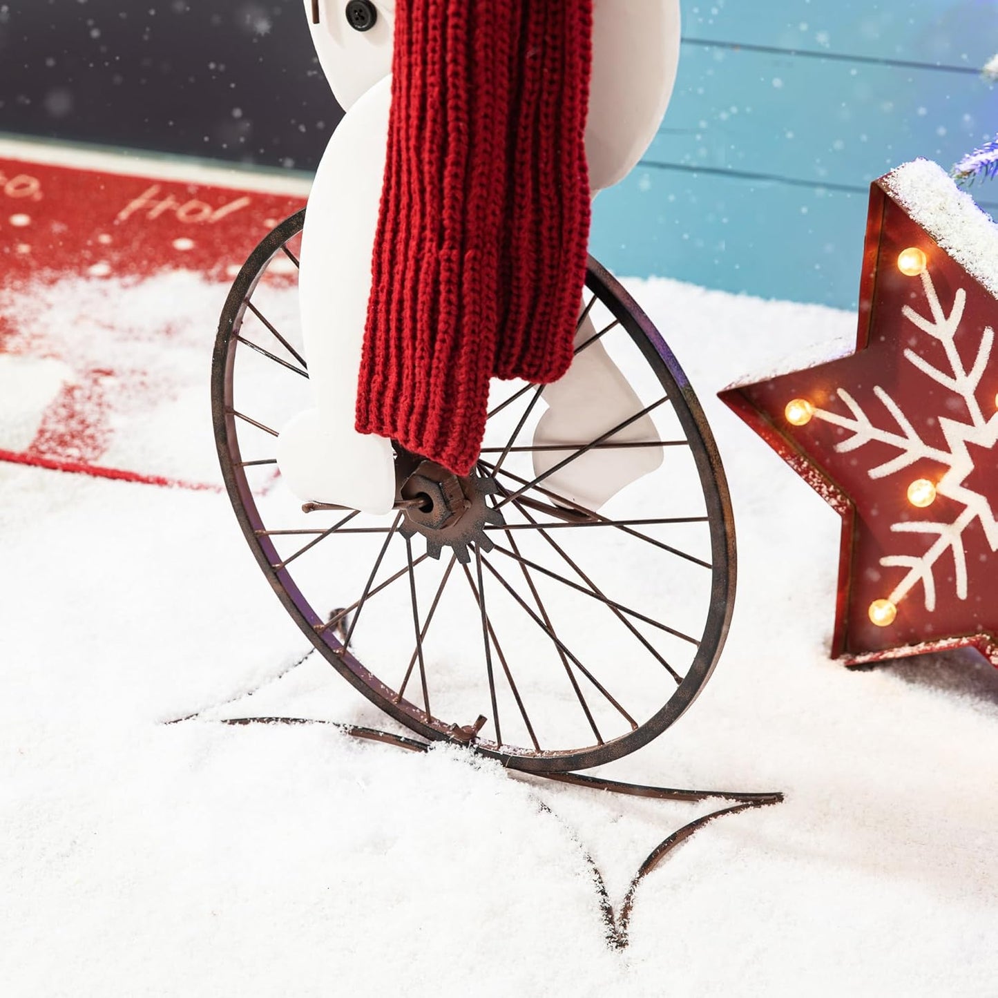 Glitzhome 32”H Metal Snowman Porch Décor Bike Wheel Cute Snowman with Red Scarf Hat Christmas Tree Garden Yard Porch Sign Indoor Outdoor Christmas Decorations