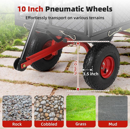 880 Lb Tire Steel Garden Dump Cart, Heavy-Duty Dump cart Wagon and Wagons with 4-Side Removable Mesh and 180° Swivel Handle, 10" Tires, Patio Dump Cart Utility Wagon, Metal Push Trolley