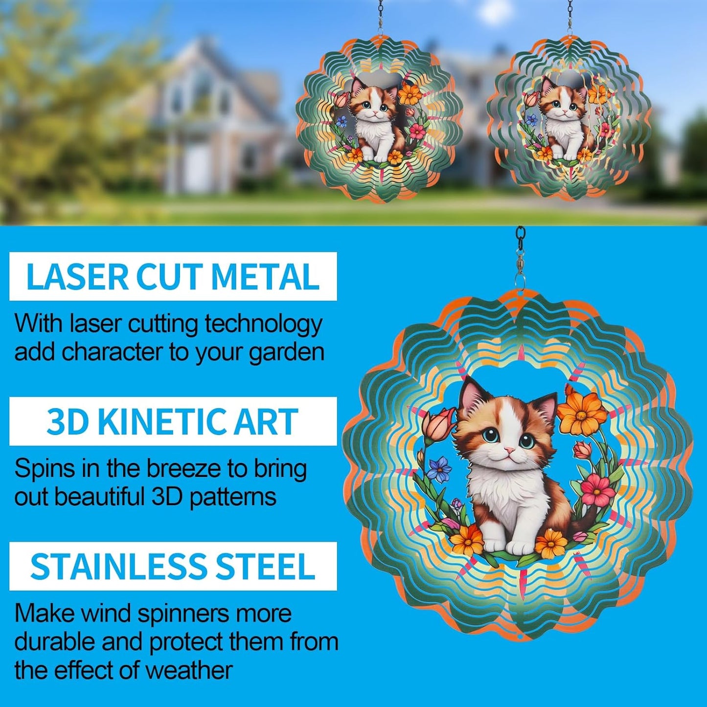 Metal Wind Spinners for Outdoor,Birthday Gifts for Women Mom Grandma, 12 Inch Cute Brown cat Wind Spinner, Kinetic Sculpture Garden Decor for Ornament Gifts