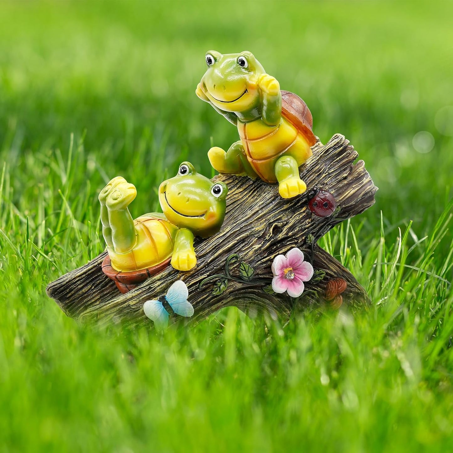 Garden Turtle Figurines Outdoor Decorations, Solar Statue Sweet Frog Face Turtles Decor with 4 LED Lights, Garden Resin Statue for Patio Lawn Porch Yard,Gifts for Birthday Easter Housewarming