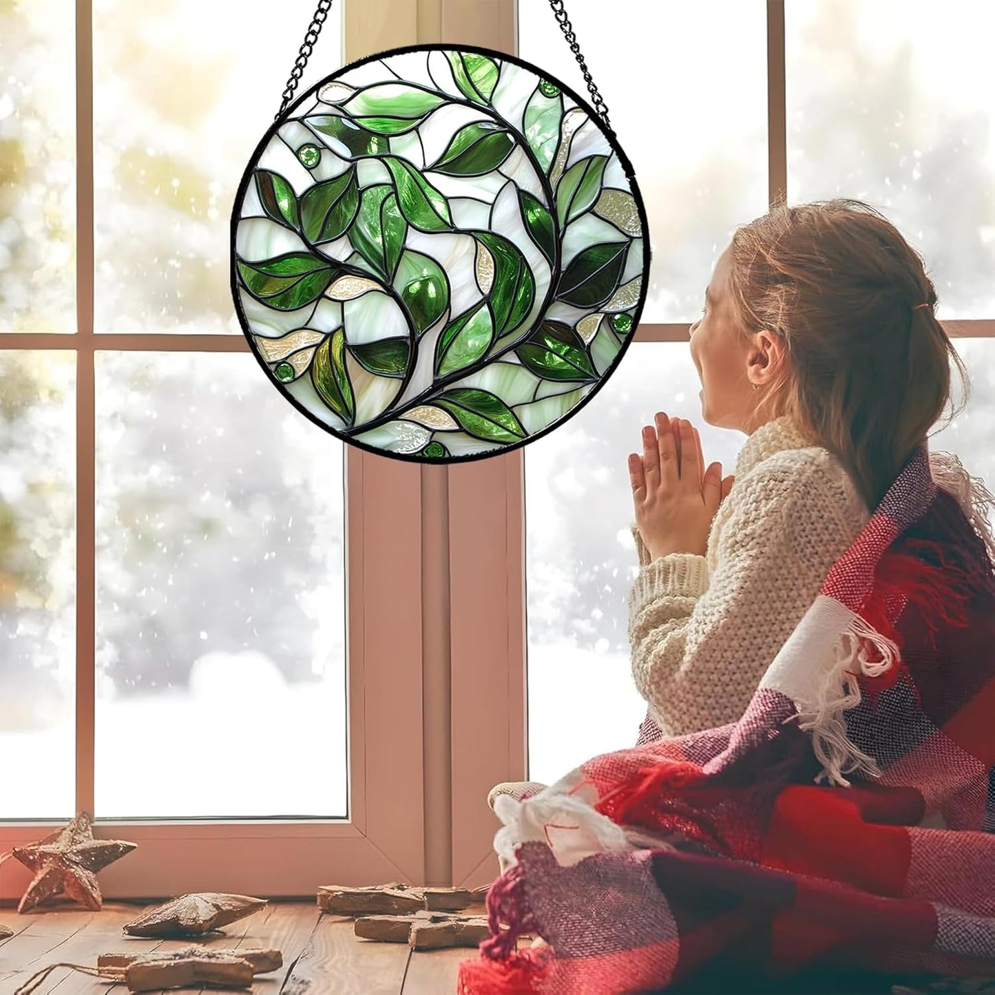 Stained Glass Window Hanging - White Green Leaves Suncatcher for Doors Window Home Plant Sun Catchers Decor Christmas Mother's Day Birthday Gifts for Teacher Women Men Mom Nana 7.8 in