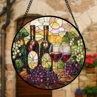 Stained Glass Window Hanging, Grapes and Wine Suncatcher Diamond Glass Panel Hangings Sun Catchers Decor for Birthday for Women, Men, Wife, Aunt, and Mom 6.3 in